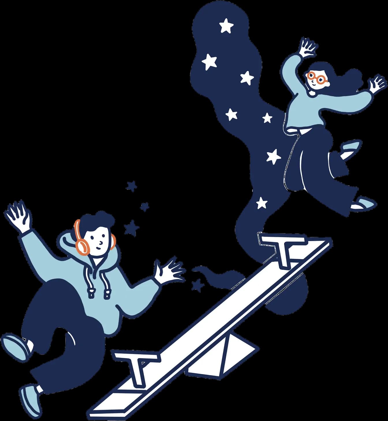 Two illustrated friends playing on a seesaw among stars.