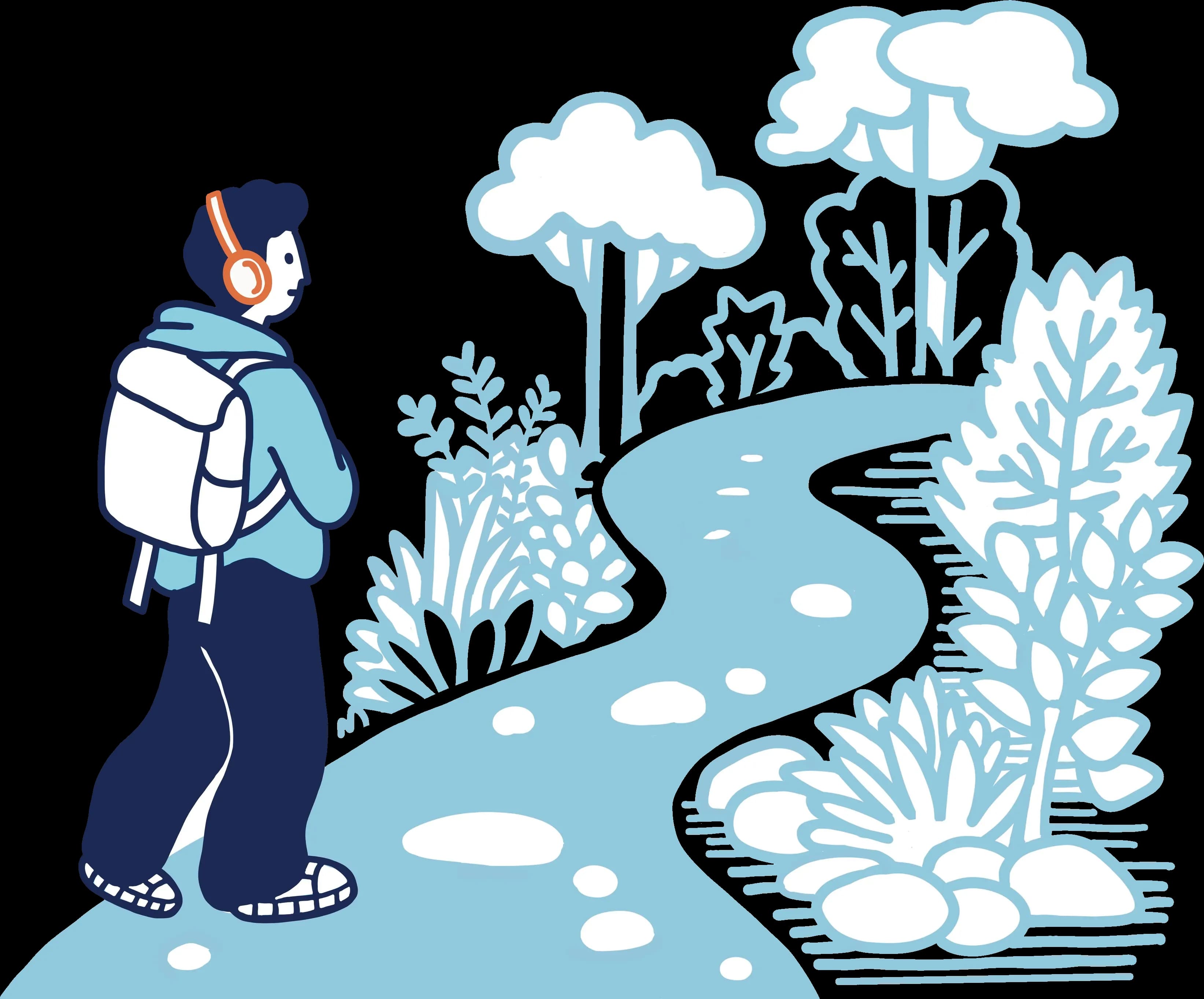 A student wearing headphones and a backpack, looking down a winding path through trees toward the horizon.