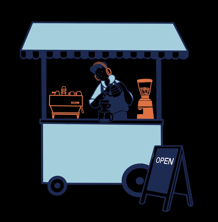 A coffee cart staffed by a barista, with an OPEN sign out front.