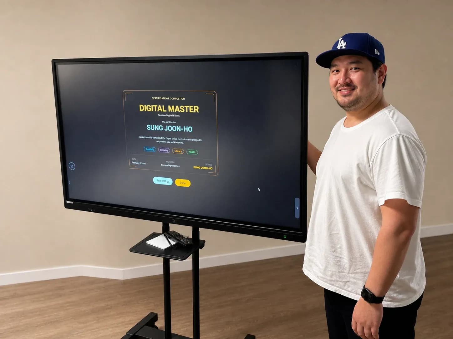 A learner beside a large screen showing his Seesaw Digital Ethics completion certificate.