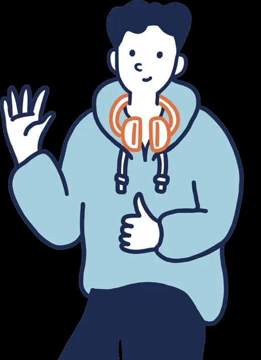 Sawri, a cheerful character in a hoodie, waving with a thumbs-up.