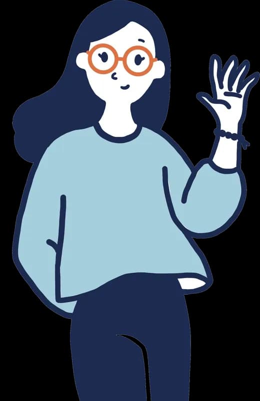 Seeya, a friendly character in glasses and a blue sweater, waving hello.