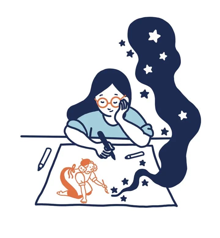 A young artist drawing at a desk among stars.
