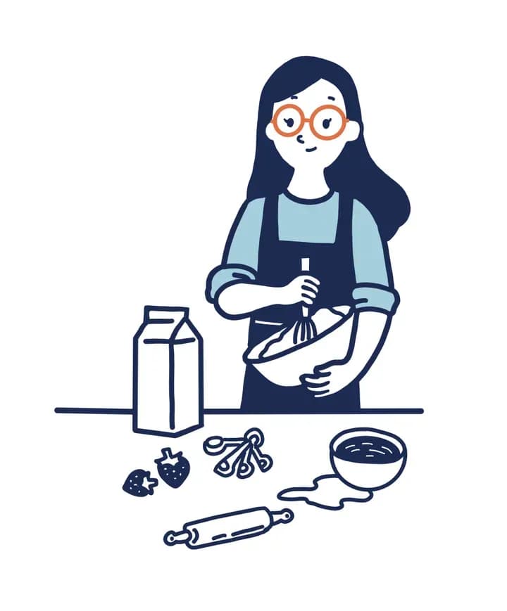 A young baker whisking batter at a counter with flour and a rolling pin.