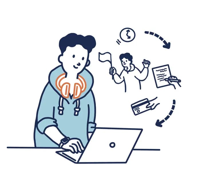 A person working on a laptop, surrounded by icons for everyday tasks.
